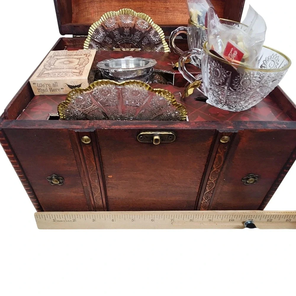 Alice In Wonderland Tea Set We're All Mad Here Glass Teapot Cups Wood Chest Box
